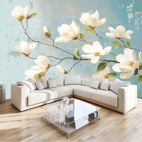 Papel Tapiz Fotográfico Papel Tapiz Floral Magnolia Retro 3D Art Mural Cafe Restaurant Dormitorio Decoración para el Hoga Murales Papel Pintado a Papel Fotomural Dormitorio 250x175 cm