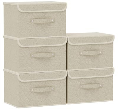 ENUMAIL Cesta Almacenamiento Plegable,26x20x17cm,Gris y Beige,5 Piezas | Cajas de Almacenaje con Placa de Soporte PP,Contenedor Almacenamiento con Mango,Lavable Cesta para Armario con Solapa