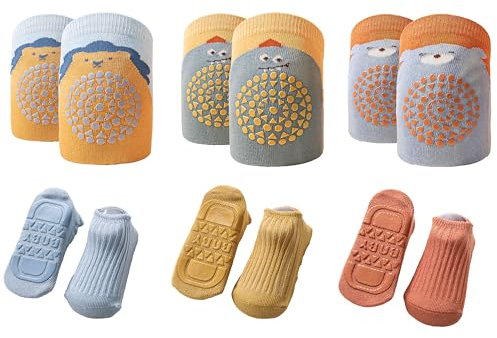 FZSECRIU 3 Paar Knieschoner Baby und 3 Paar Krabbelsocken Geeignet für 0-1 Jahre krabbelstrumpfhose baby，krabbelhose baby，krabbelhilfe