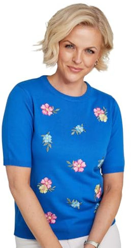 Amber Ladies Short Sleeve Embroidered Jumper with Floral Pattern – Lightweight Fine Knit Summer Sweater Cobalt Print 16-18
