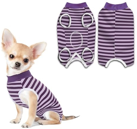 PawSailor Tuta Chirurgica Righe per Cani Body Post Operatorio Cane Vestito Post-Intervento Unisex in Cotone Morbido con Bottoni, Protezione Ferite per Sterilizzazione o Convalescenza, Viola XS