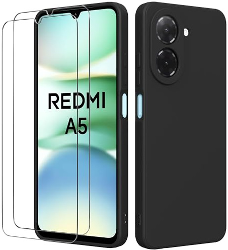 binandteam Coque pour Xiaomi Redmi A5 4G (6.88) avec 2 Verre Trempé Protection écran,Housse Liquide Souple en Silicone TPU Antichoc Bumper Étuis Anti Rayures Case Cover - Noir