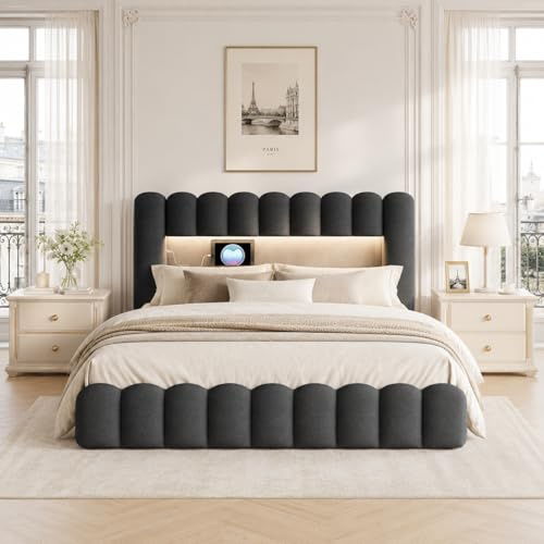 Lit Coffre 180X200 cm, Bubble lit double rembourré avec éclairage LED et Type-C et USB, LIt Capitonné avec Rangement, cadre de lit hydraulique avec sommier à latte, Lin (Gris foncé, 180 x 200 cm)