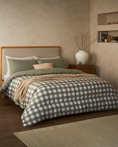 Night Lark Coverless Duvet 10.5 Tog - Olive Gingham, Double | Advanced Smartfil® Fibre, Machine Washable, Hypoallergenic, Coverless Duvet Double Bed Size & Pillowcase Set