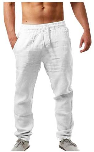 Generisch Pantalones de lino para hombre, verano, algodón, chinos, informales, negocios, bodas, ligeros, transpirables, Slim Fit, pantalones de tela, bolsillos, A3, Blanco, S