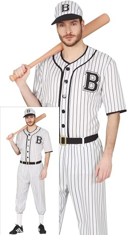 FIESTAS GUIRCA | Costume de Joueur de Baseball Adulte (52-54/L) - T-shirt, Ceinture, Casquette et Pantalon - Costumes Sportifs pour Halloween, Carnaval et Fêtes Déguisées - Homme - Blanc et Noir