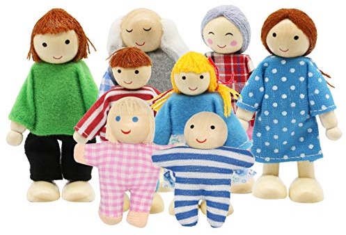 Lovely Family Dollhouse Dolls Set of 8 Wooden Figures, Kids Girls Happy Playset Characters Accessories for Children Pretend Gift