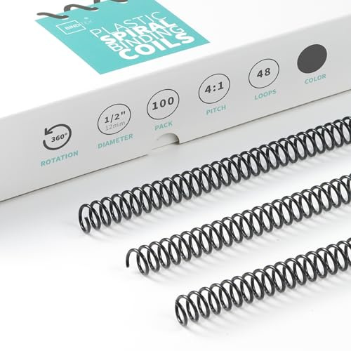Binditek 100 Pack Plastic Spiral Binding Coils, 12mm(1/2), 90 Sheet Capacity, 4:1 Pitch, Black, 48Loops, for Letter Size, for Students and Coworkers