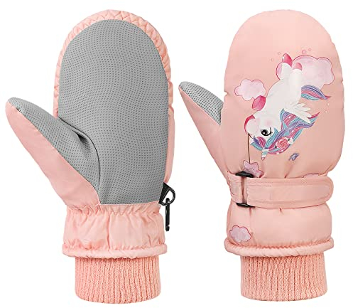 MoKo Kinder Skihandschuhe, Winter Fäustlinge Handschuhe Winddicht Wasserdicht Sport Handschuhe für Skifahren Radfahren Snowboarden Outdoor-Aktivitäten für Jungen Mädchen von 5-10 Jahren, Rosa/Einhorn