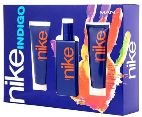 NIKE - Eau de Cologne Indigo 100 ml + Gel Bain 75 ml + Après-Rasage 75 ml, Coffret Homme, Eau de Toilette Naturelle et Masculine, Arôme Boisé Fruité, Parfum Jeune, Captivant et Longue Durée