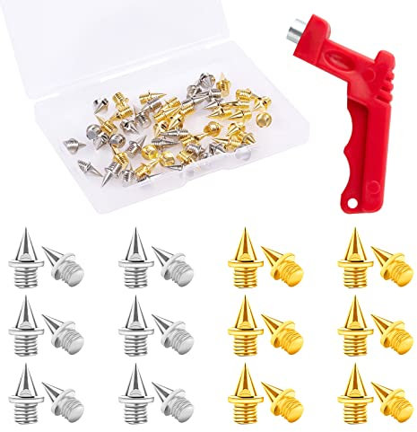 50pcs Pointes de Piste 6mm avec Clé à Pointes Acier Pointe Athlétisme Cross Country Pyramidales Track Spikes Remplacement pour Chaussures de Piste Saut en Longueur Course Randonnée (Or, Argent)