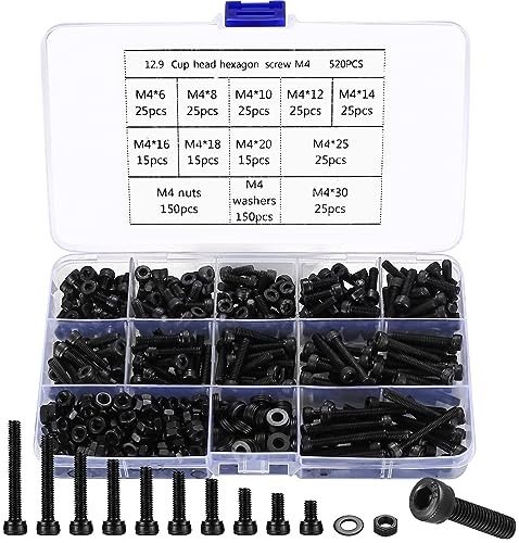 M4 Vis et écrous, 405 Pcs Vis Boulon et Rondelles, à Tête Hexagonale, à Tête Cylindrique à Six Pans Creux, Vis avec écrous et Rondelles Assortiment Kit our Moto Auto Mécaniques
