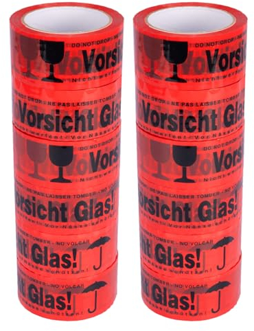 verpacking PP-Klebeband 50 mm x 66 m Vorsicht Glas [Ausführung, Farbe & Stückzahl wählbar] leise abrollend Paketklebeband Packband Verpackungsklebeband 12 Rollen