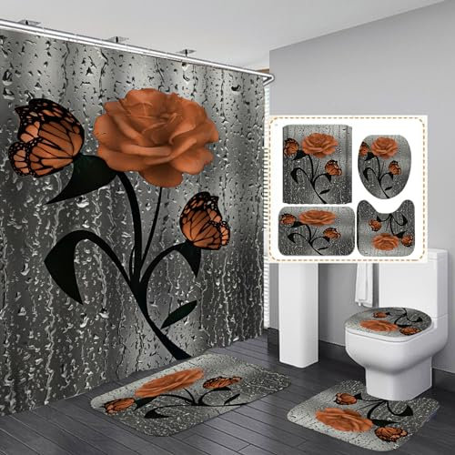 Badezimmermatte Orange Insektengrau Bad Teppiche Set 3 Teilig,rutschfeste Bath Mat(50x80cm)+U-Typ Wasseraufnahme Badmatte+Schnelltrocknend Badezimmerteppich