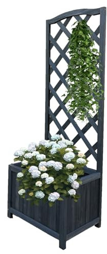 Vivo Technologies Wooden Planter with Lattice Trellis Panels for Vines Garden Climbing Plants Flowers, Free Standing Plant Pot Box for Garden Patio Raised Bed,L45 x W30 x H120 cm, Grey