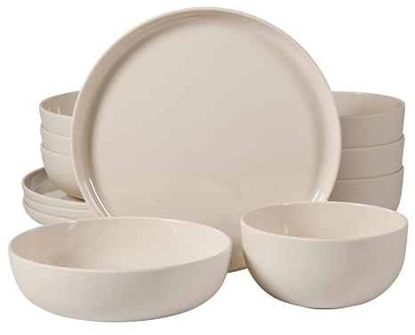 Gibson Home Candy Skies 12 Piece Unbreakable Wheat Straw Melamine Plates and Bowls Dinnerware Set - Outdoor, Camping, & Everyday Use - Matte Exterior/Shiny Interior Taupe Cream