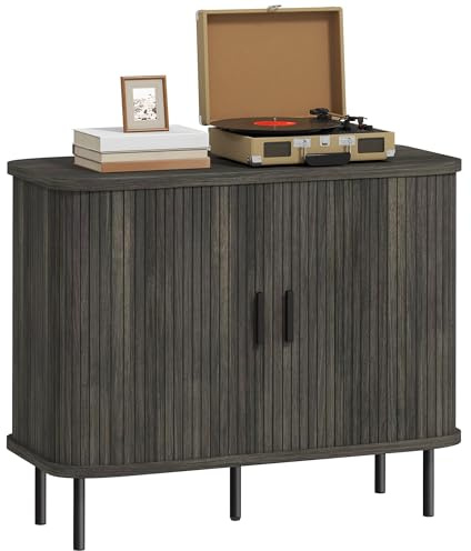 HOMCOM Mid-Century Modern Sideboard Storage Cabinet with Slatted Tambour Sliding Doors, Kitchen Cabinet with Steel Legs, Grey