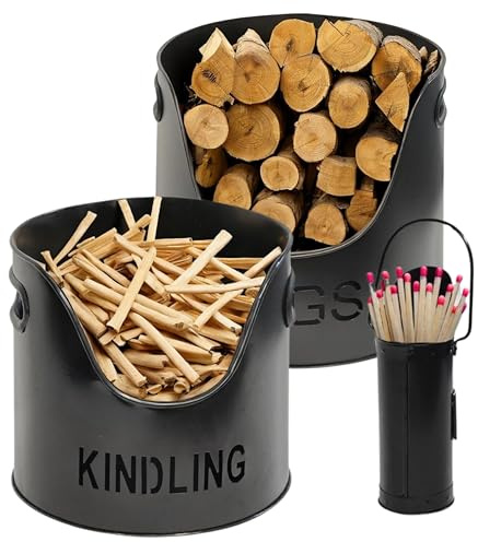 ADEPTNA Premium Black Metal Log Holder Set Fireplace Log Basket with Kindling Bucket and Matchstick Holder – Powder-Coated Steel Indoor Firewood Storage Stylish Fireside Accessory for Home Stove Wood