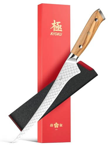KYOKU 7 in. Japanese Fillet Knife, Koi Series Fish Boning Knife with Olive Wood Handle Koi Scale Pattern, High Carbon Stainless Steel Full Tang Fish Deboning, with Protective Sheath & Gift Box