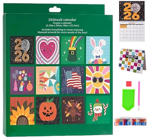 Twshiny Diamond Art Calendar Kits 2026, 2026 Wall Calendar Diamonds Painting Kit, 12 Month DIY Diamonds Painting Calendars for Home Office Decoration