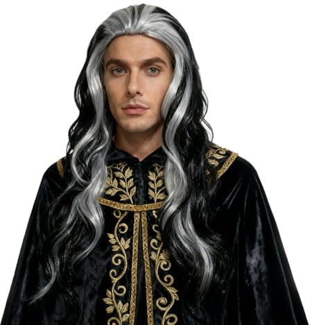 GYIOFAI Ricci Parrucca Bianco Nera Lunga Uomo Donna, Ondulata Sexy Strega Capelli Sintetici Halloween Vampira Gotica Parrucca da Costumi e Accessori per Festa Cosplay Carnevale (Nero Bianco)