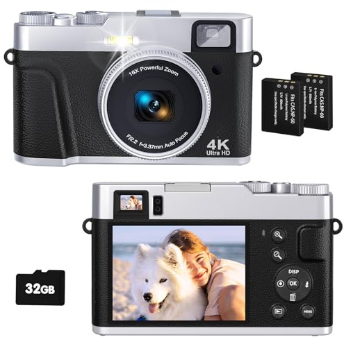 Fotocamera digitale 4K con zoom ottico, 48MP, compatta, scheda 32G, 2 batterie, autofocus – Fotocamera da viaggio per principianti