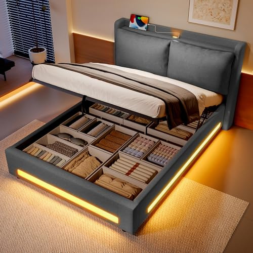 Modern sammets-himmelssäng med snygg sänggavel, praktiskt förvaringsutrymme, USB-C-portar, ambient LED-belysning, avtagbar kudde och integrerat dammskydd. Elegant och funktionell. 140 x 190 cm