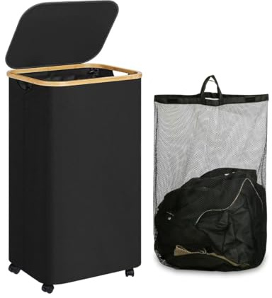 105L Wheeled Laundry Basket with Lid Large Collapsible Laundry Hamper on Wheels, Removable Bag Dustproof Foldable Washing Storage Bin Easy Move Laundry Cart for Dirty Clothes Bedroom Bathroom (Black)