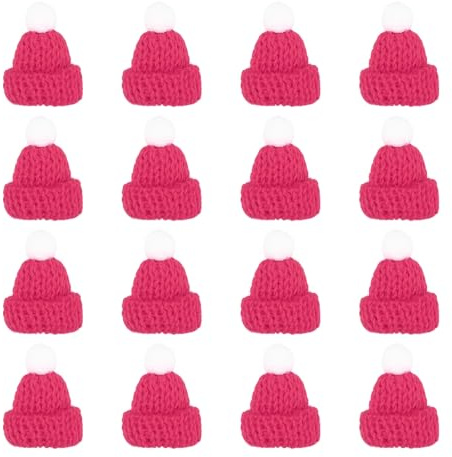 PATIKIL Mini Christmas Knit Hats, 16Pcs Miniature Doll Hat DIY Craft Knitting Decoration for DIY Hair Accessories Art Crafts Festival Tree Ornaments, Rose Red