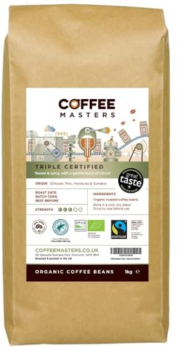 Coffee Masters Triple Certified Arabica Coffee Beans 1kg - Fairtrade, Organic, Medium Roast Whole Bean Ideal for Espresso Machines - The Great Taste Award Winner