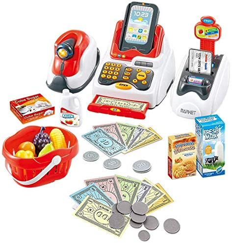 deAO Spielset- Supermarktkasse mit Scanner, Kreditkarte, Spielzeuglebensmittel, Spielgeld und Einkaufskorb, Kaufladen Kinder mit Lichtern und Sound Rollenspiel Geschenk Jungen Mädchen 3 4 5 Jahren