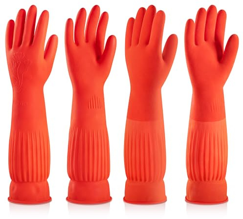 ThxToms Rubber Dishwashing Cleaning Gloves (2-Pair) - Soft Fleece Lining, Reusable, Waterproof with Extra-Long Cuff & Non-Slip Grip for Household & Kitchen Use - Medium