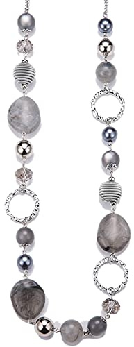 BULINLIN Long Beaded Silver Necklace for Her Crystal Bead Sweater Chain Fashion Jewelry Necklace Birthday Gifts for Women Mum(Grey)