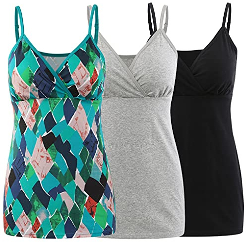COLOMI Amning tanktops för moderskap integrerad bh för amning grundläggande kamisole, Svart+grå + grönt tryck/3-pack, XL