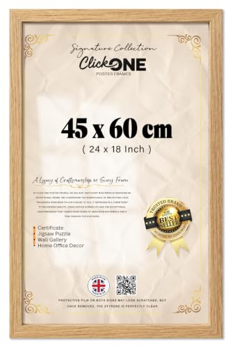 ClickOne Large Wall Picture Frames 45 x 60cm Horizontally or Vertically Mounting Photo Frame Jigsaw Puzzle Shatterproof For Living Room Desk Wall & Canvas Paintings 17.72 x 23.62 (Oak, 1)