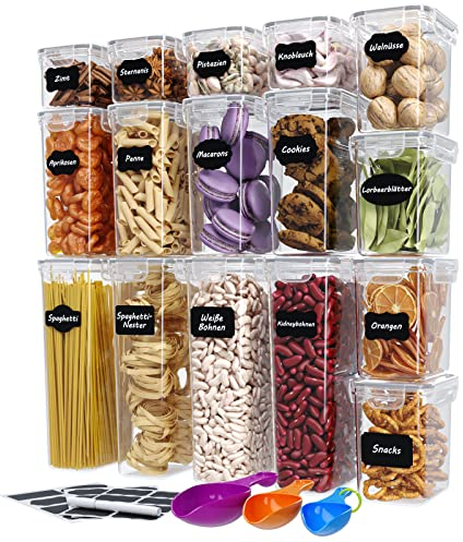WELLGRO Vorratsdosen Set mit Etiketten, Kreidestift und Messlöffeln Frischhaltedosen mit Deckel BPA-frei luftdicht auslaufsicher spülmaschinengeeignet, Stückzahl:16-tlg.
