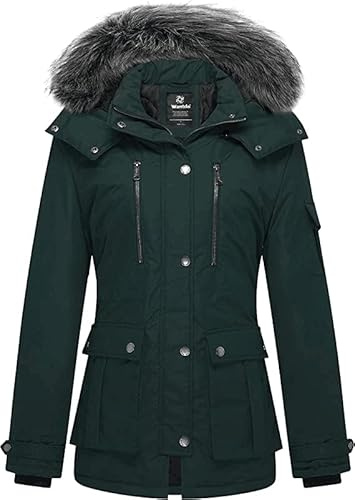 Wantdo Giacca Caldo Invernale Antivento Cappotto con Cappuccio Rimovibile in Pelliccia Sintetica Parka Slim Fit Giubbotto Idrorepellente Outdoor Donna Verde Scuro M
