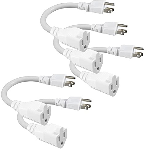 [5 Pack] White Short 3Prong Power Extension Cord - 6inch Mini Indoor Grounded Extension Cord,16AWG Small Electrical AC Extension Cord for Power Strip, 13amp Male to Female Household Extender Cable