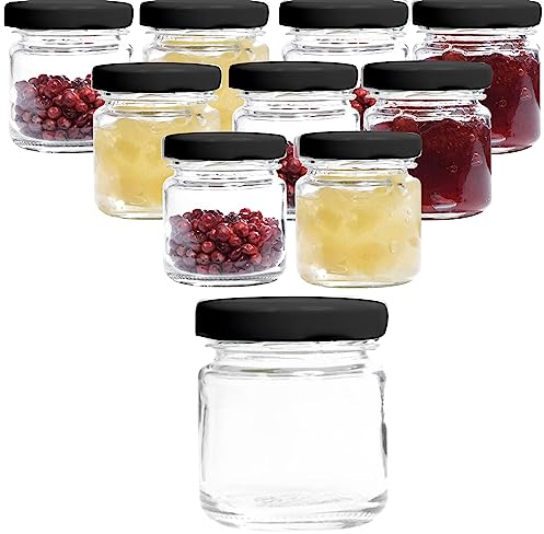 mikken 10 kleine Einmachgläser 53ml Marmeladengläser mit Deckel schwarz inkl. Etiketten