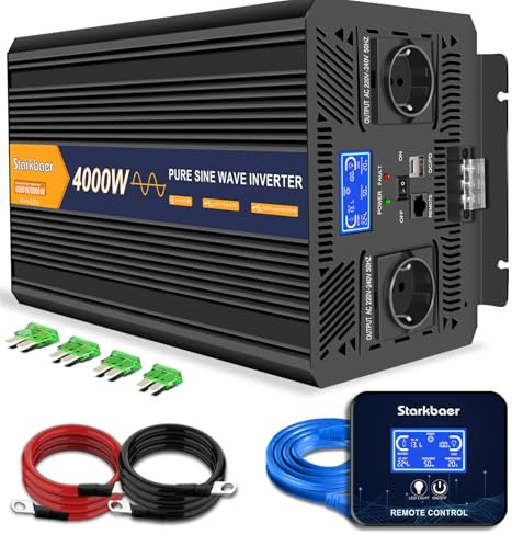 Starkbaer 4000W /8000W Wechselrichter 12v auf 230v Reiner Sinus Spannungswandler Power Inverter KFZ Konverter mit LCD-Bildschirm,Fernbedienung,2 EU AC Steckdosen,1 Type-C und 1 USB Anschlüsse
