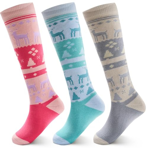 Aisyee Big Ski Socks Kids Boys Winter Warm Snow Socks Thick Thermal Skating Snowboarding Skiing Socks for Boys Girls 3 Pack Mix Bohe Elk 10-12 Years
