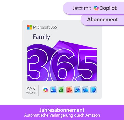 Microsoft 365 Family | 1 Jahr | bis zu 6 Personen | Office Apps mit KI | bis zu 6 TB Cloudspeicher | Amazon Abonnement mit automatischer Verlängerung