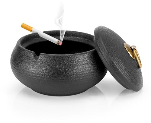 Aschenbecher mit Deckel, Winddichter Aschenbecher aus Keramik für Draußen und Innen, Outdoor Sturmaschenbecher für Terrasse, Balkon, Garten und Büro - Schwarz