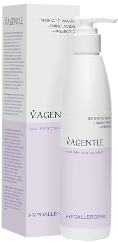 VAGENTLE Hypoallergen feminin hygien intim tvätt, pH-balanserad med prebiotiska och aminosyror för mild daglig rengöring, våg, skydd och känslig hudvård, vegan, 250 ml