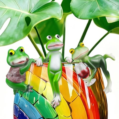 Quynthez 3 Pcs Frog Gifts Tipsy Frog Figurines Climbing Garden Decor Miniature Frog Plant Decorations for Pots Resin Tipsy Pot Hugger Outdoor Women Statues for Flower Yard Lawn Balcony Ornament
