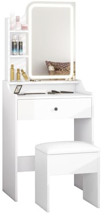 Panana Dressing Table with LED Lights, Vanity Desk with 3-Color Mirror and 1 Big Drawers, Makeup Desk with Cushioned Storage Stool for Bedroom Dressing Room (White)