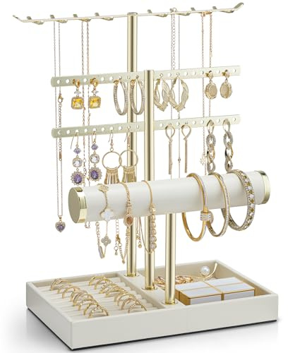 Vlando Schmuck Organizer 4 Etagen Schmuckständer Gold mit Lederner Armbandhalter - Schmuckaufbewahrung Display für Halsketten, Uhren, Ringe, Ohrringe, Armbänder, Armreifen, Sonnenbrillen