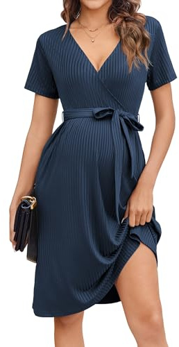 Ekouaer Women Short Sleeve Maternity Nursing Dress Soft Breastfeeding Loungewear Ribbed Knit Pregnancy Dresses Navy Bule M