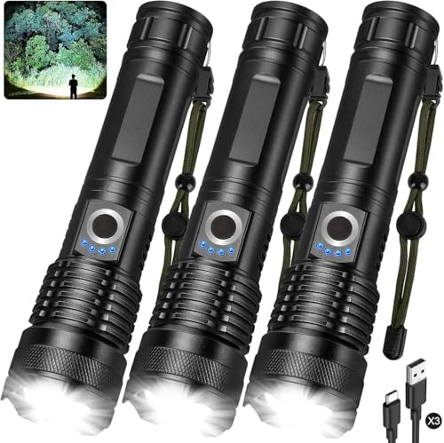 ALSTU Flashlight Rechargeable LED High Lumens - 99,000 Lm Powerful Handheld Flash Light with 5 Modes, Bright Waterproof Torch for Camping Home (3 Packs)