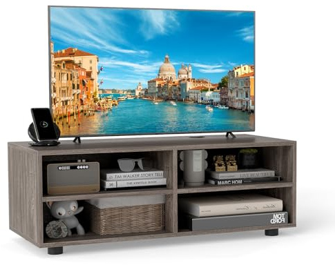 COSTWAY TV Stand Cabinet for TVs up to 40/55, Wooden Media Entertainment Center with Storage Cubes and Adjustable Shelves, TV Unit Console Table for Living Room Bedroom (Grey Oak, 4 Cubes)